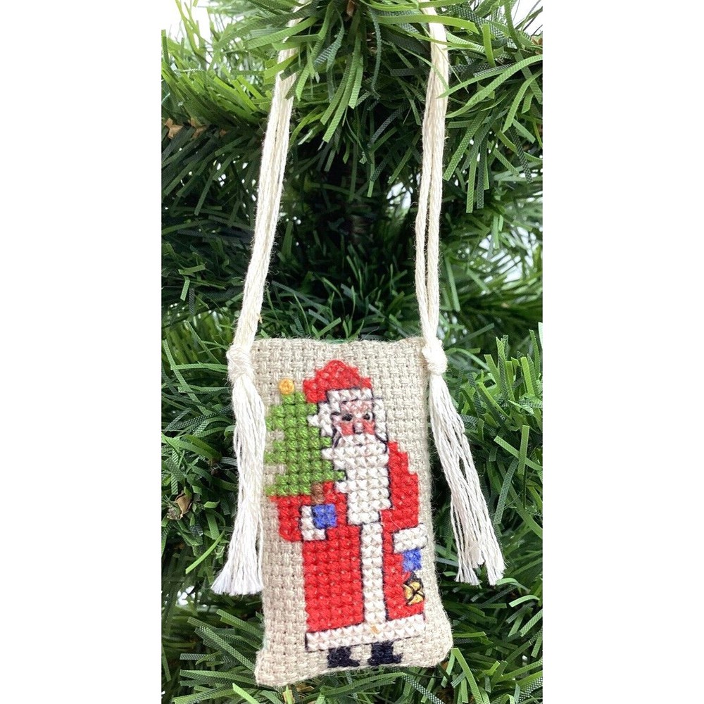 Vintage SANTA Stuffed Hand Made Needlepoint Christmas Ornament - Old!